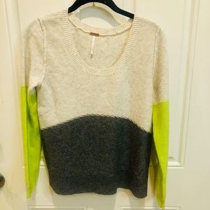 Free People Color Block Sweater in Lime/Grey Combo